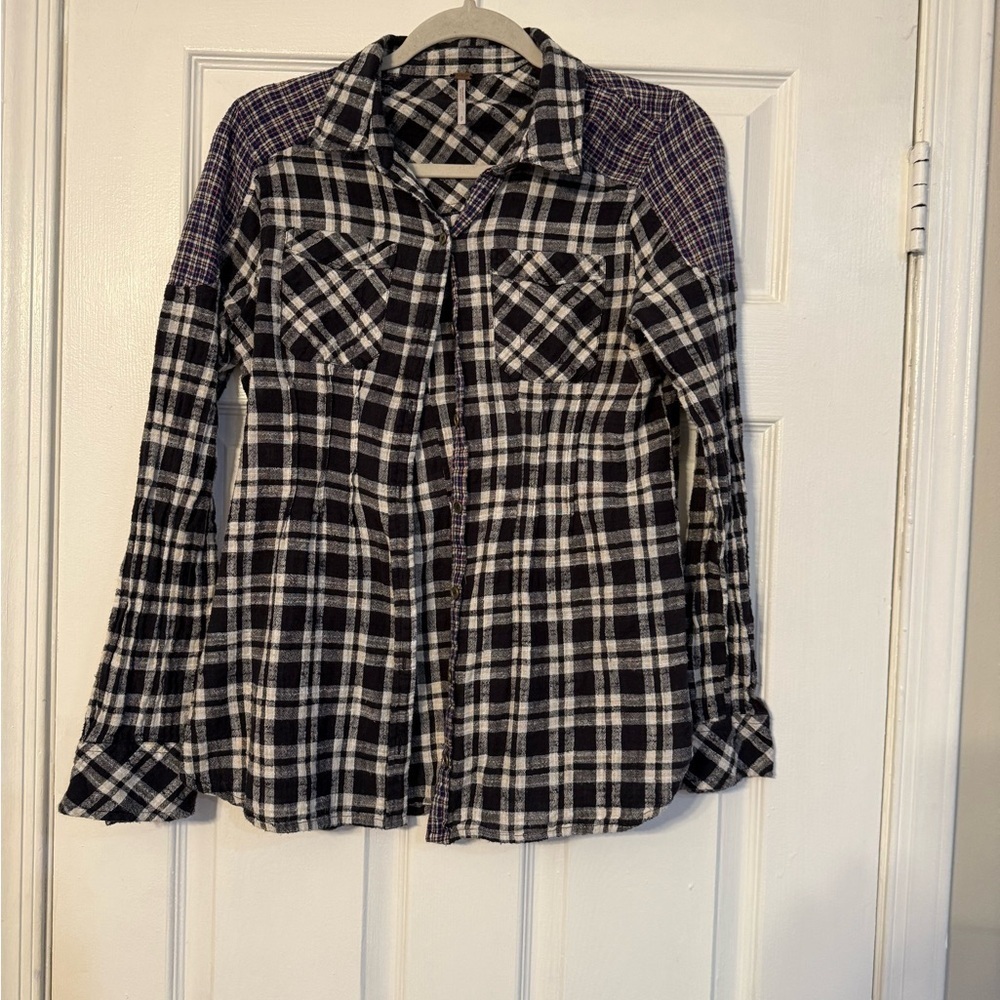 Free People Black and White Plaid Button Down Shirt